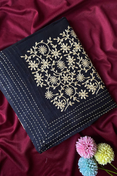 Enchanting Black Embroidery Work Matka Silk Saree With Lassitude Blouse Piece