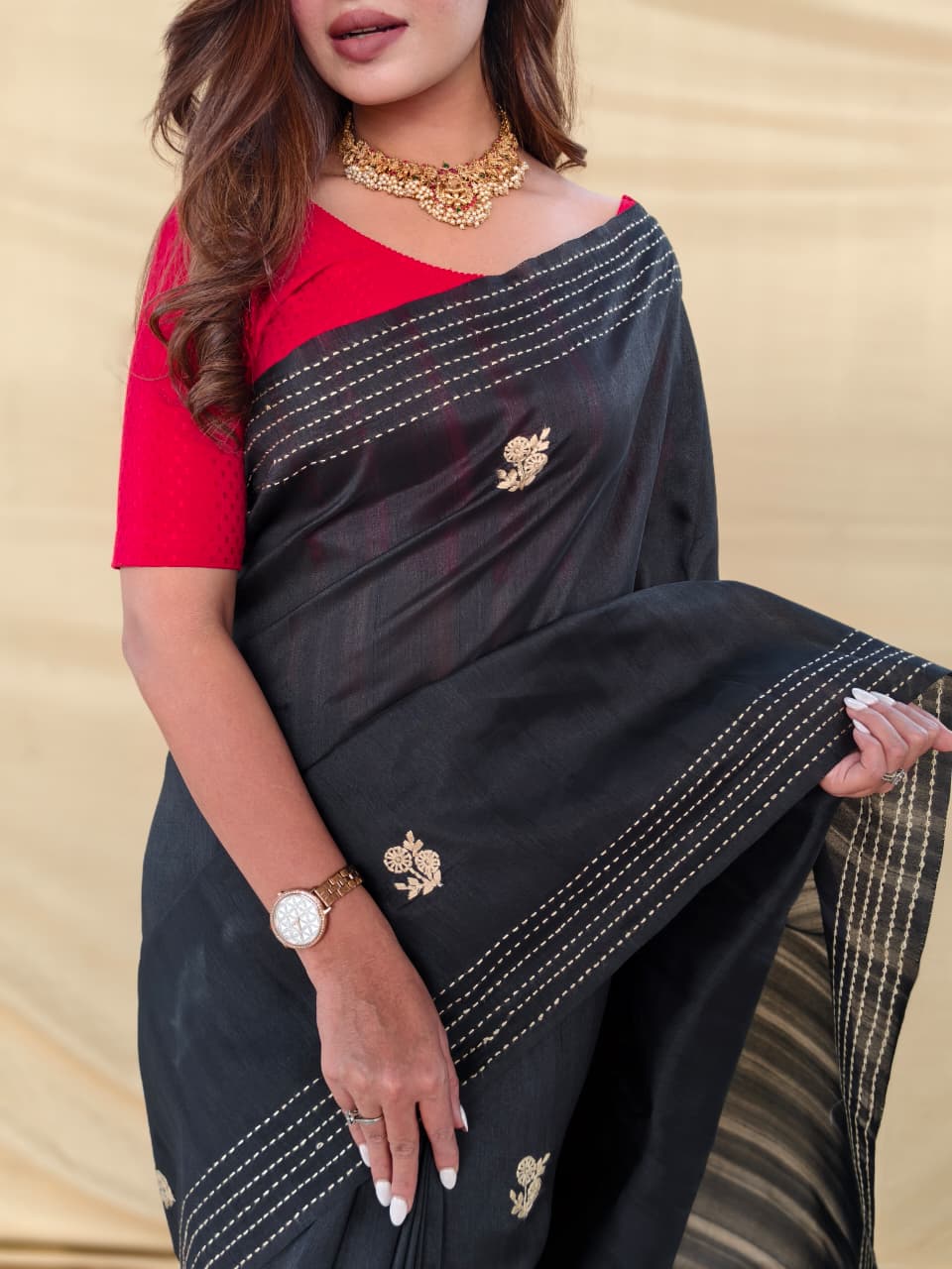 Enchanting Black Embroidery Work Matka Silk Saree With Lassitude Blouse Piece