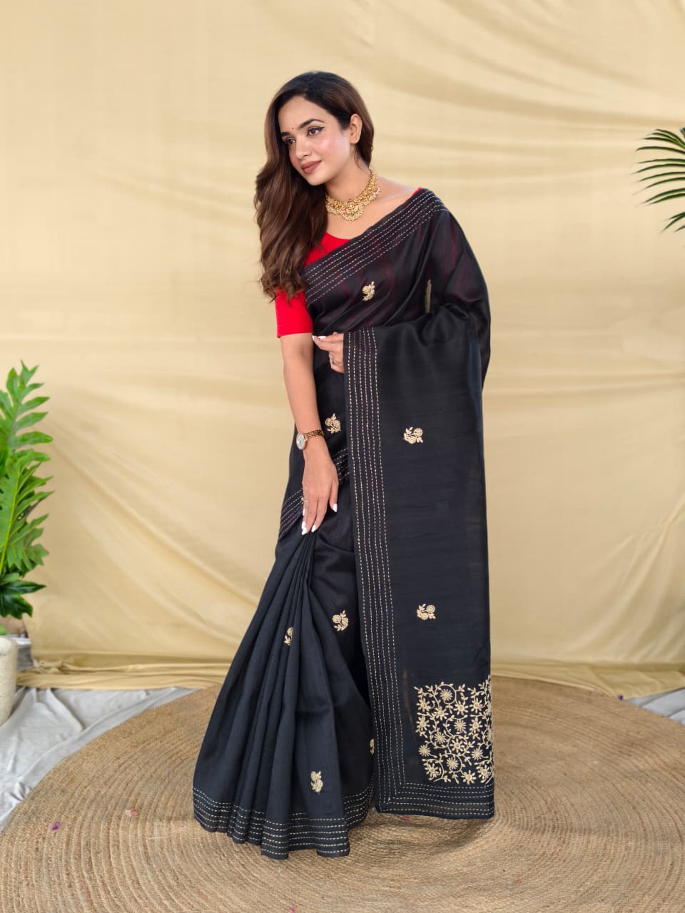 Enchanting Black Embroidery Work Matka Silk Saree With Lassitude Blouse Piece