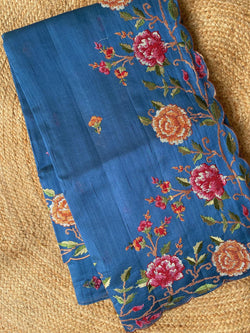 Vibrant Blue Embroidery Work Tussar Silk Saree With Verdant Blouse Piece
