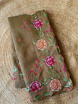 Confounding Dark Beige Embroidery Work Tussar Silk Saree With Diaphanous Blouse Piece