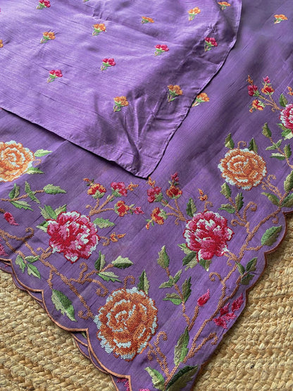 Resonant Lavender Embroidery Work Tussar Silk Saree With Enthralling Blouse Piece
