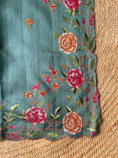 Glorious Sky Embroidery Work Tussar Silk Saree With Glamorous Blouse Piece