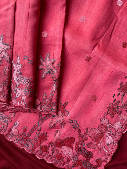 Nemesis Pink Embroidery Work Tussar Silk Saree With Desuetude Blouse Piece