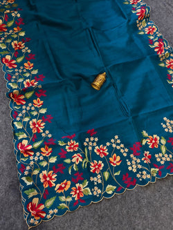 Blooming Blue Embroidery Work Tussar Silk Saree With Comely Blouse Piece