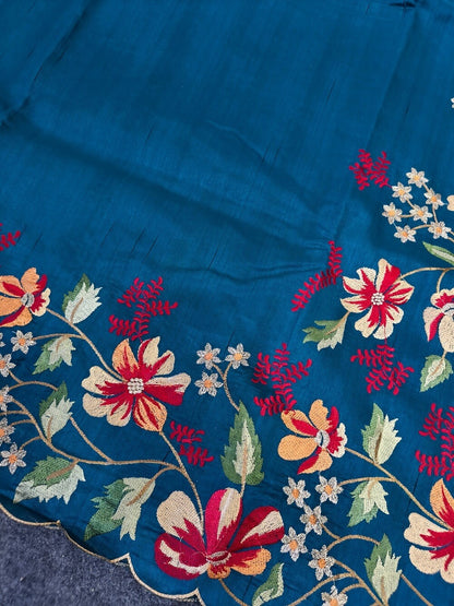 Blooming Blue Embroidery Work Tussar Silk Saree With Comely Blouse Piece