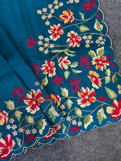 Blooming Blue Embroidery Work Tussar Silk Saree With Comely Blouse Piece