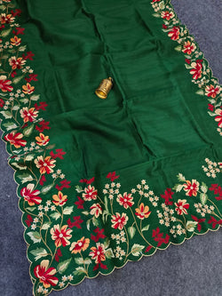 Scintillating Dark Green Embroidery Work Tussar Silk Saree With Luminous Blouse Piece