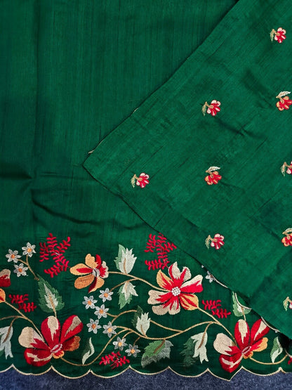 Scintillating Dark Green Embroidery Work Tussar Silk Saree With Luminous Blouse Piece