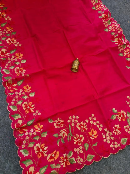 Quintessential Dark Pink Embroidery Work Tussar Silk Saree With Snazzy Blouse Piece