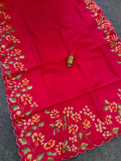 Quintessential Dark Pink Embroidery Work Tussar Silk Saree With Snazzy Blouse Piece