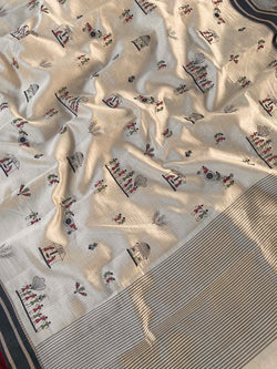 Vestigial Off White Embroidery Work Tussar Silk Saree With Mesmerising Blouse Piece