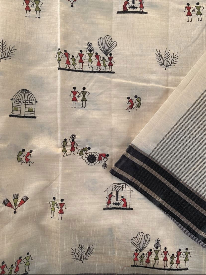 Vestigial Off White Embroidery Work Tussar Silk Saree With Mesmerising Blouse Piece