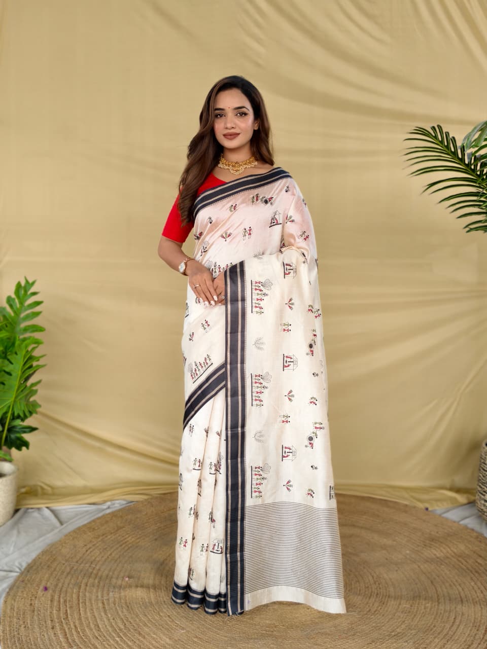 Appealing Off White Embroidery Work Tussar Silk Saree With Lissome Blouse Piece