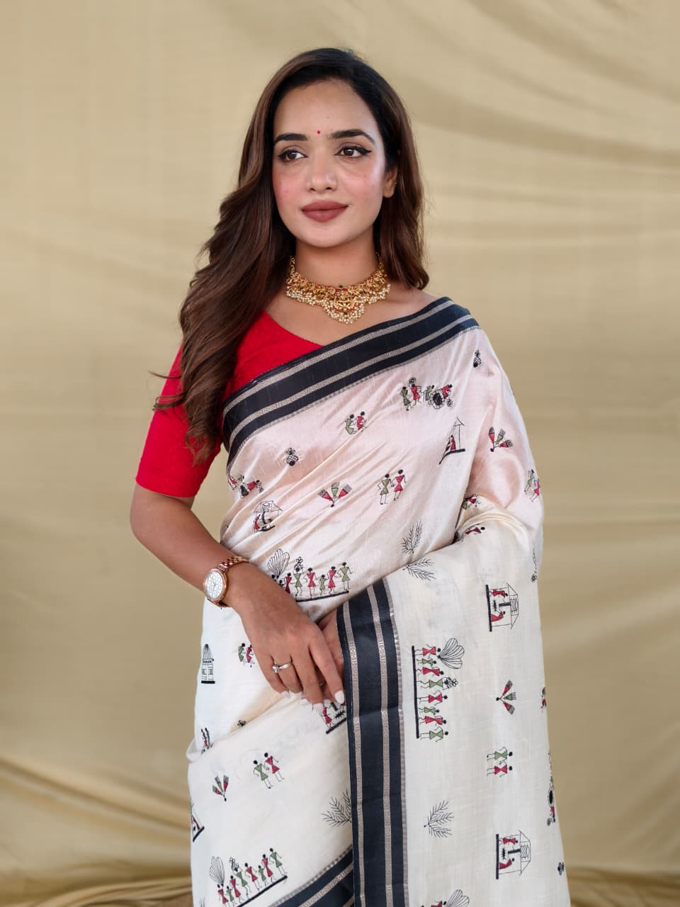 Appealing Off White Embroidery Work Tussar Silk Saree With Lissome Blouse Piece