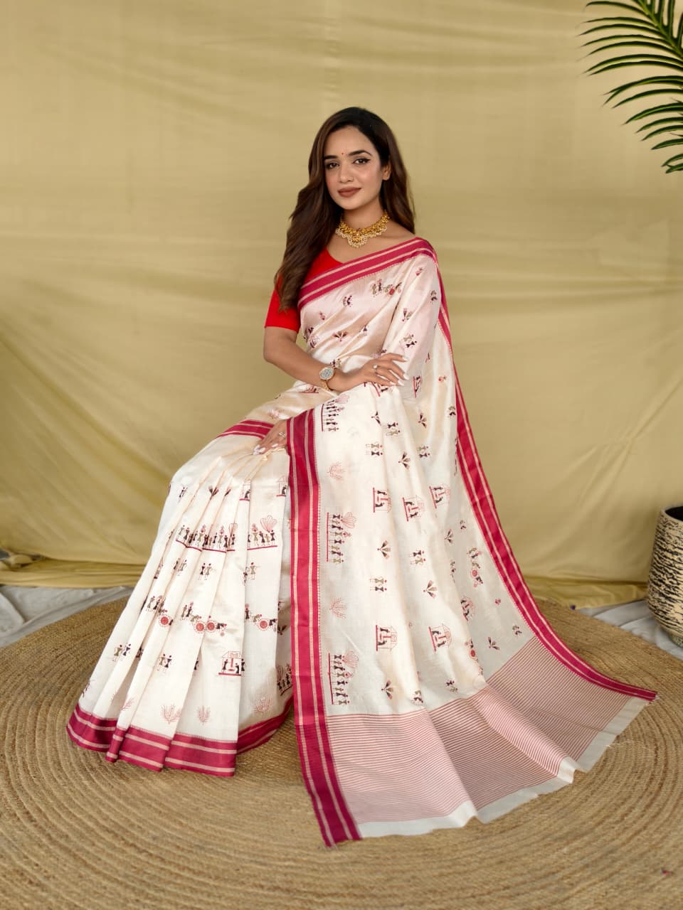 Vestigial Off White Embroidery Work Tussar Silk Saree With Mesmerising Blouse Piece