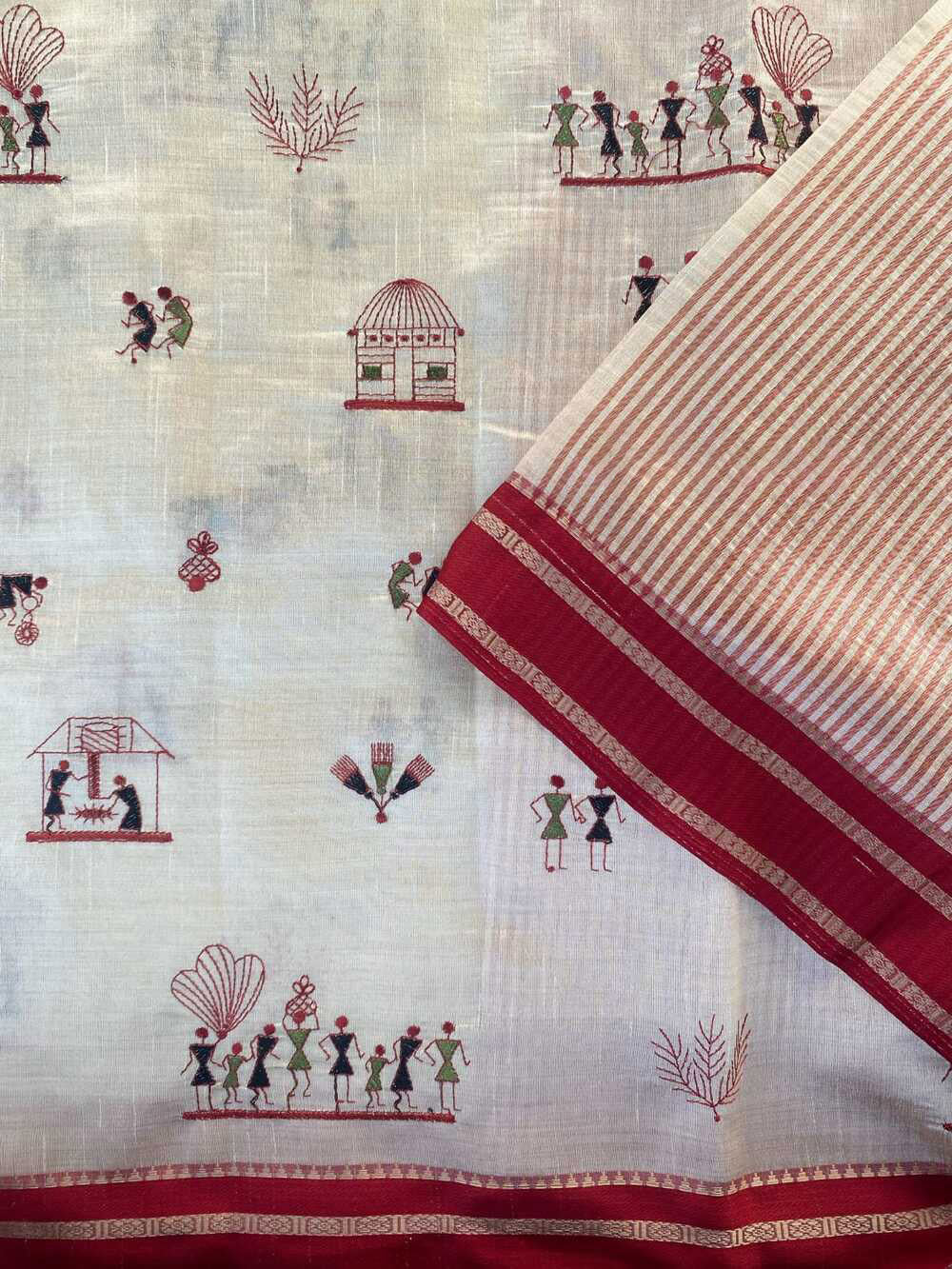 Appealing Off White Embroidery Work Tussar Silk Saree With Lissome Blouse Piece