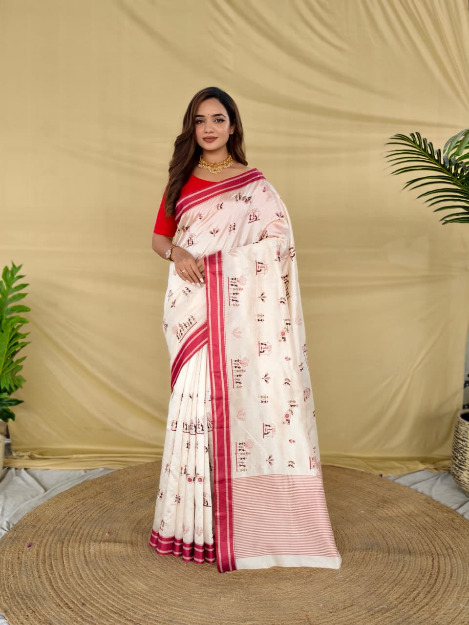 Vestigial Off White Embroidery Work Tussar Silk Saree With Mesmerising Blouse Piece