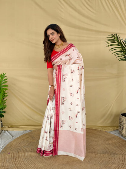Vestigial Off White Embroidery Work Tussar Silk Saree With Mesmerising Blouse Piece