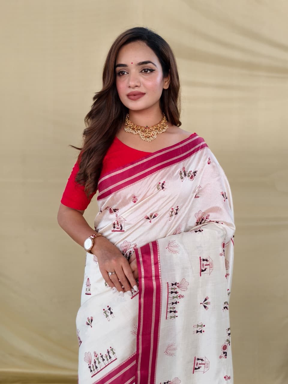 Vestigial Off White Embroidery Work Tussar Silk Saree With Mesmerising Blouse Piece