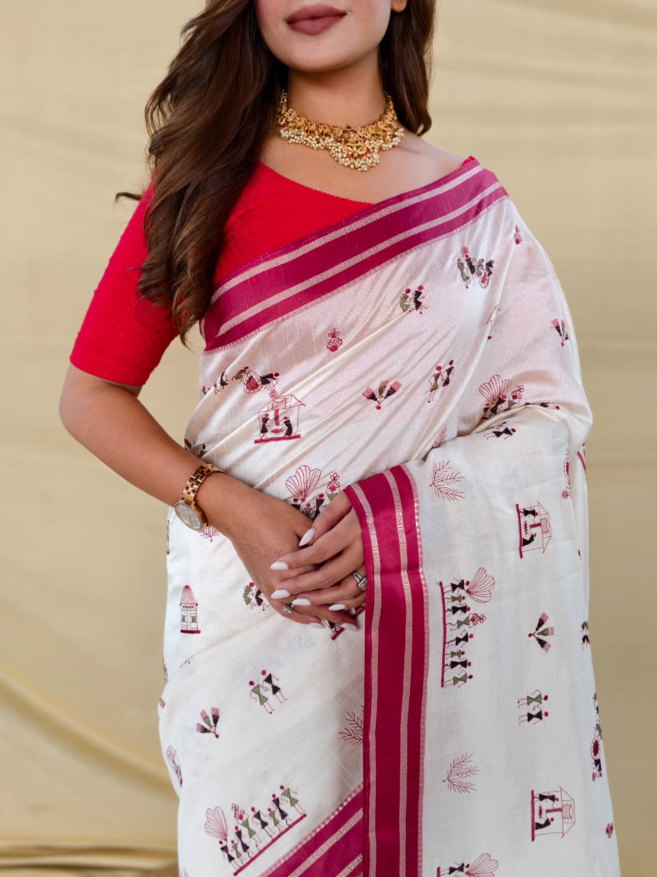 Vestigial Off White Embroidery Work Tussar Silk Saree With Mesmerising Blouse Piece