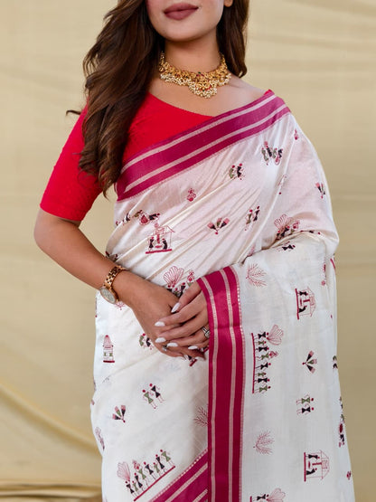 Vestigial Off White Embroidery Work Tussar Silk Saree With Mesmerising Blouse Piece