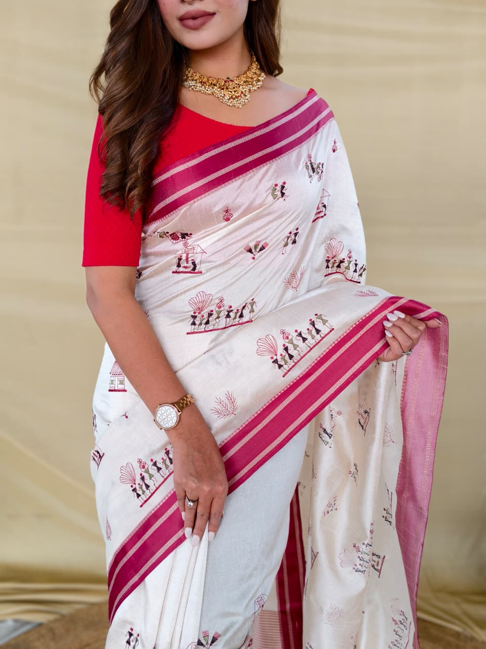 Vestigial Off White Embroidery Work Tussar Silk Saree With Mesmerising Blouse Piece