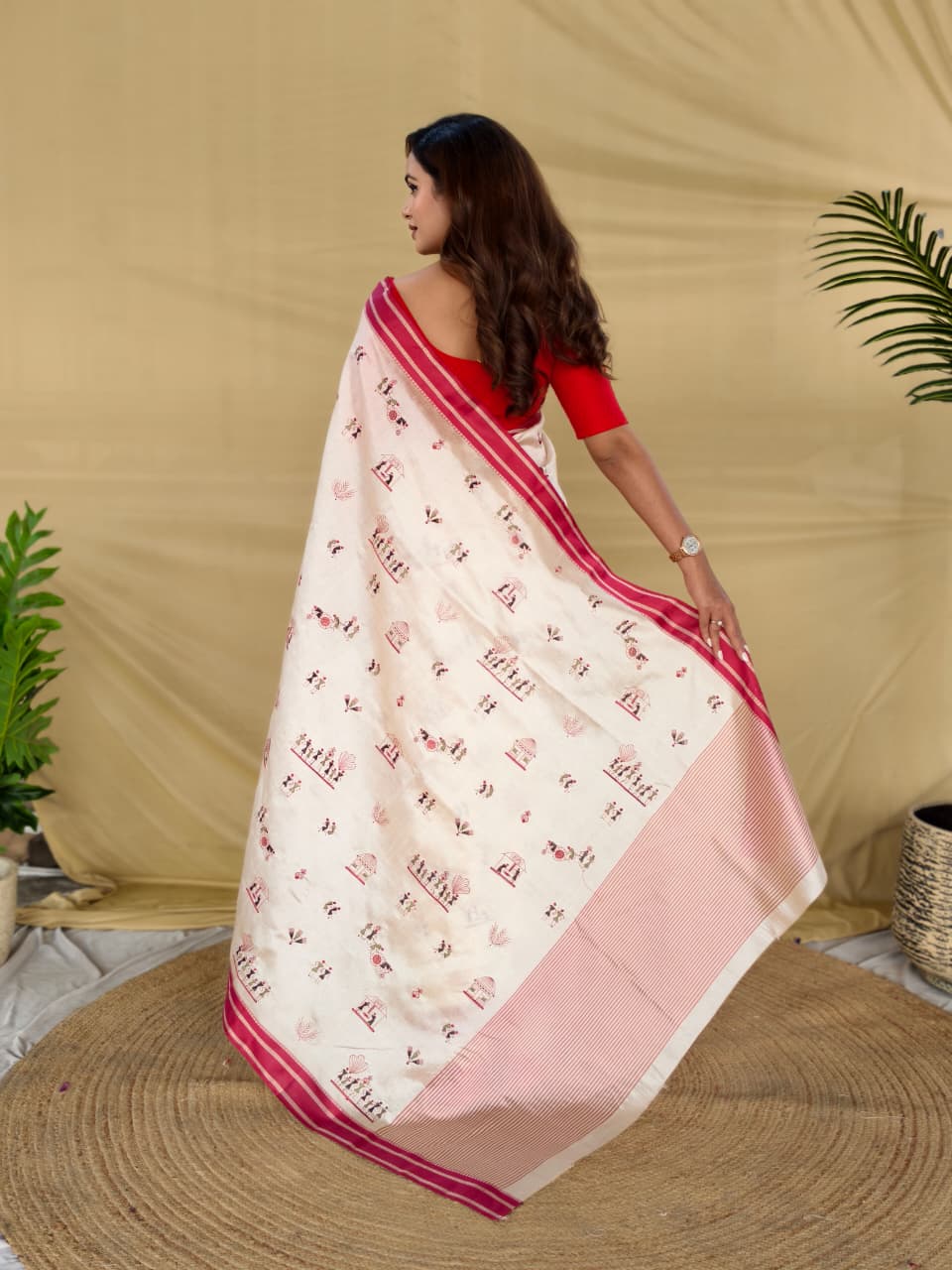 Vestigial Off White Embroidery Work Tussar Silk Saree With Mesmerising Blouse Piece