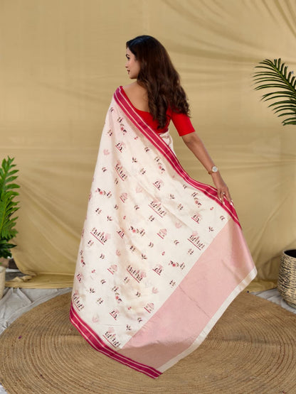 Vestigial Off White Embroidery Work Tussar Silk Saree With Mesmerising Blouse Piece