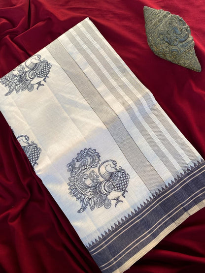 Surreptitious Off White Embroidery Work Tussar Silk Saree With Comely Blouse Piece