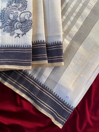 Surreptitious Off White Embroidery Work Tussar Silk Saree With Comely Blouse Piece