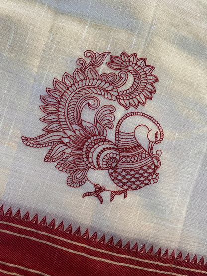 Flamboyant Off White Embroidery Work Tussar Silk Saree With Seraphic Blouse Piece