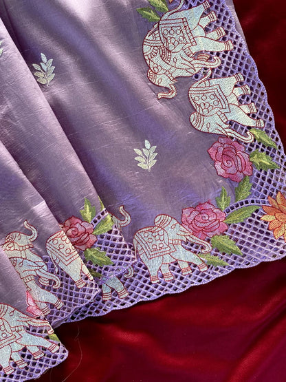 Glorious Lavender Embroidery Work Tussar Silk Saree With Classy Blouse Piece