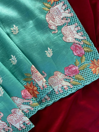 Exceptional Turquoise Embroidery Work Tussar Silk Saree With Jazzy Blouse Piece