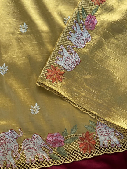 Nebula Yellow Embroidery Work Tussar Silk Saree With Splendorous Blouse Piece