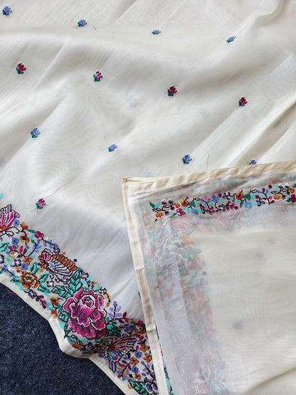 Stunner Off White Embroidery Work Tissue Silk Saree With Smashing Blouse Piece