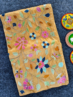 Pleasant Peach Embroidery Work Tissue Silk Saree With Tantalizing Blouse Piece