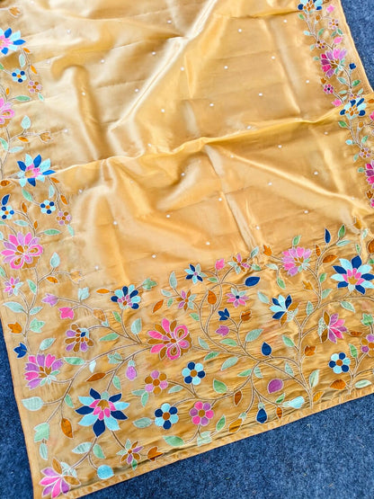 Pleasant Peach Embroidery Work Tissue Silk Saree With Tantalizing Blouse Piece