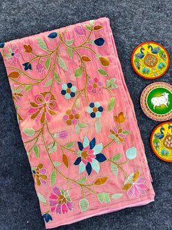Dulcet Pink Embroidery Work Tissue Silk Saree With Gorgeous Blouse Piece