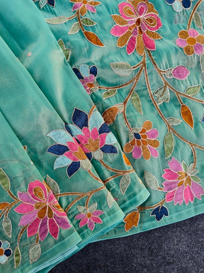 Prodigal Turquoise Embroidery Work Tissue Silk Saree With Majesty Blouse Piece