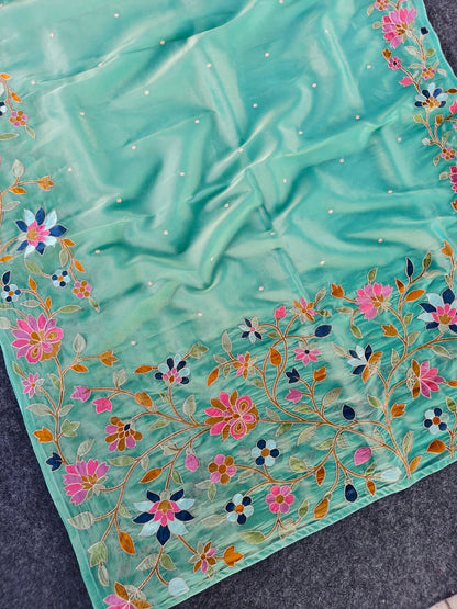 Prodigal Turquoise Embroidery Work Tissue Silk Saree With Majesty Blouse Piece