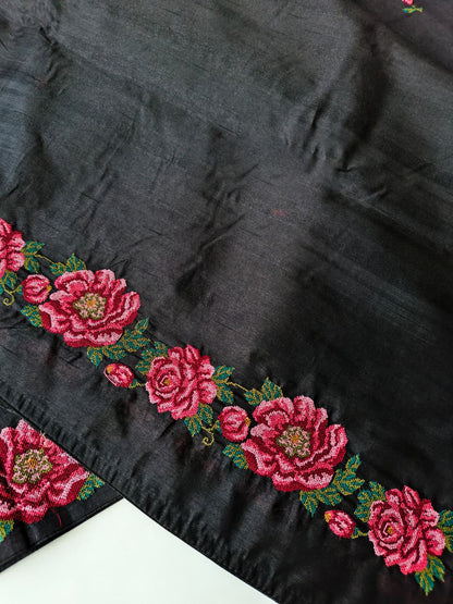 Ethereal Black Embroidery Work Tussar Silk Saree With Artistic Blouse Piece
