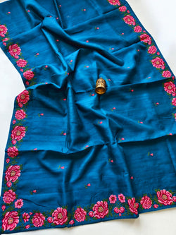 Susurrous Blue Embroidery Work Tussar Silk Saree With Glamorous Blouse Piece