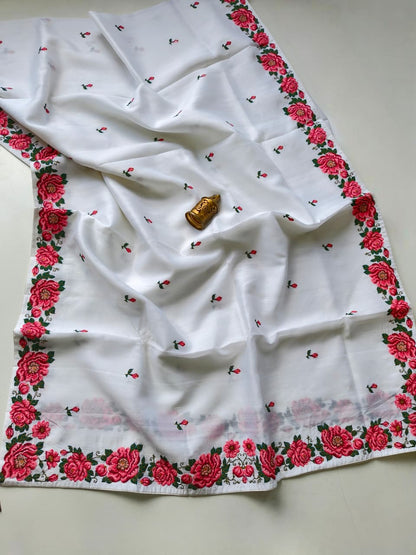 Lustrous Off White Embroidery Work Tussar Silk Saree With Beguiling Blouse Piece