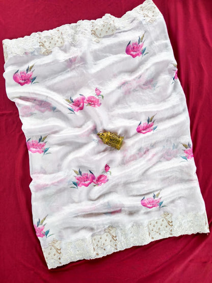 Exquisite Off White Embroidery Work Tissue Silk Saree With Wonderful Blouse Piece