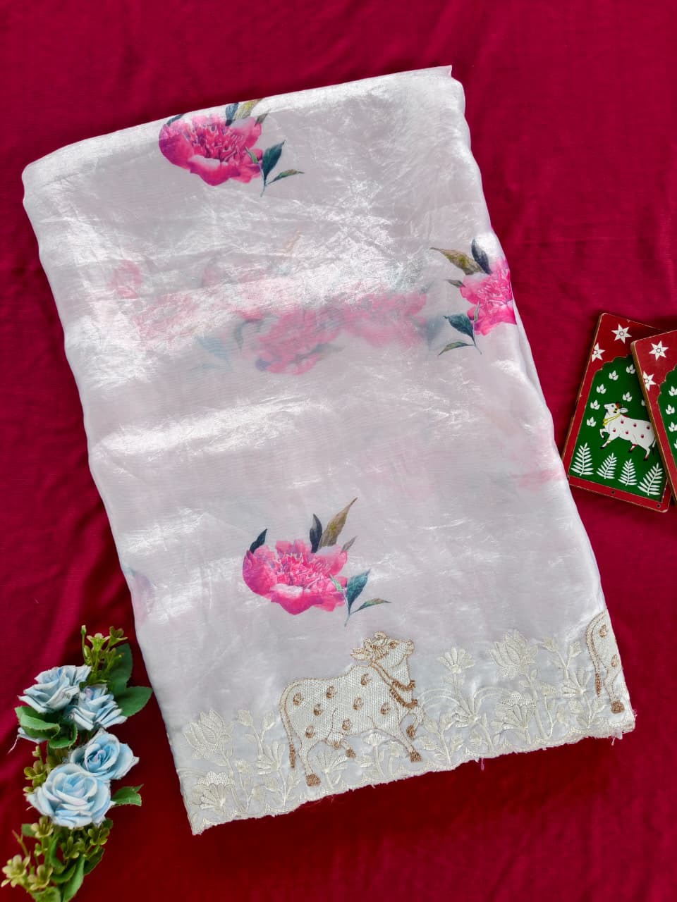 Exquisite Off White Embroidery Work Tissue Silk Saree With Wonderful Blouse Piece
