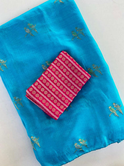 Mesmeric Sky Embroidery Work Crush Silk Saree With Forbearance Blouse Piece