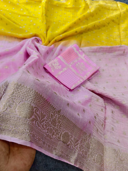 Demesne Yellow and Pink Pure Banarasi Silk Saree With Amazing Blouse Piece