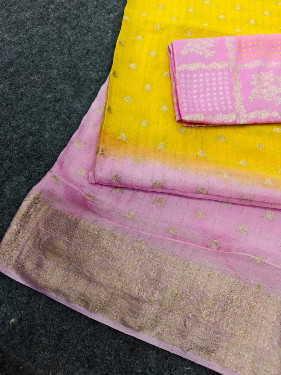 Demesne Yellow and Pink Pure Banarasi Silk Saree With Amazing Blouse Piece