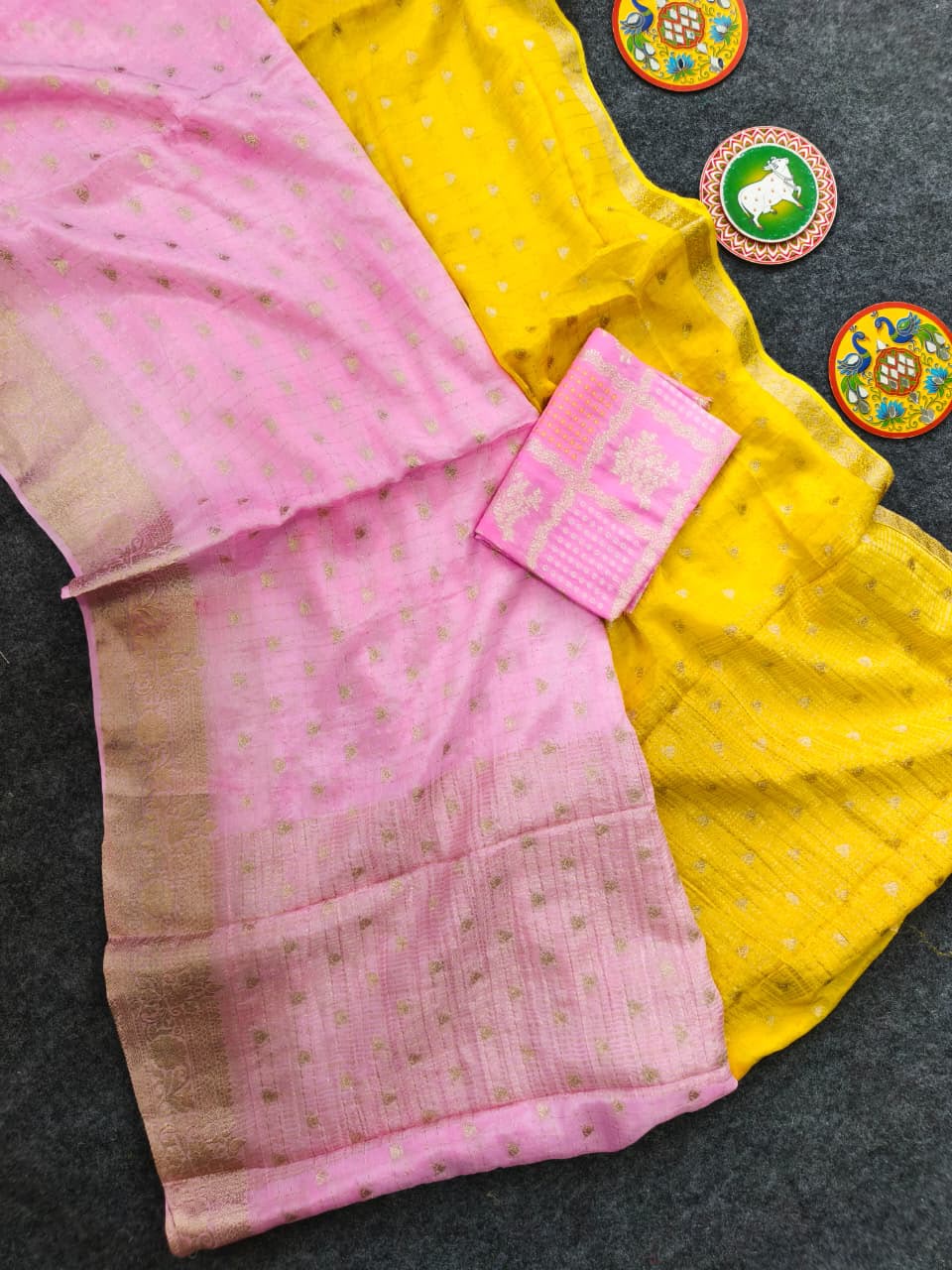 Demesne Yellow and Pink Pure Banarasi Silk Saree With Amazing Blouse Piece